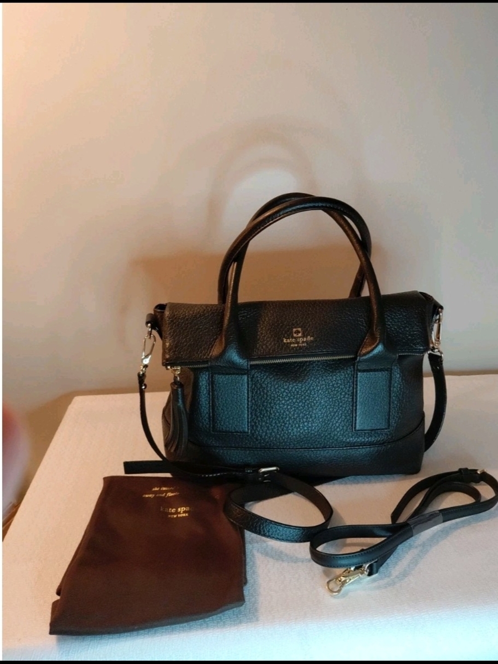 Kate Spade Black Pebbled Leather Satchel With Dust Cover.